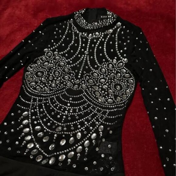 NEW Women's Black Sheer Rhinestone Bling Bodysuit - Picture 2 of 5